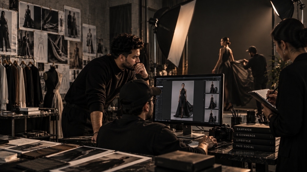 Behind-the-scenes fashion production studio set with lighting, cameras, and creative direction