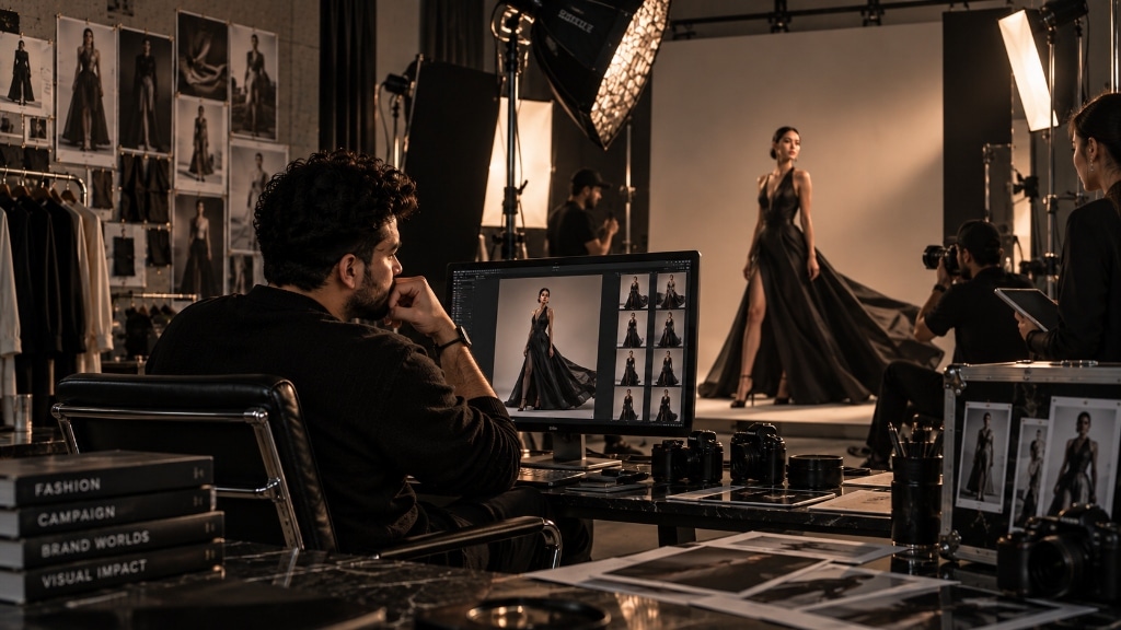 Mehmud Delowar reviewing high-fashion campaign photography and couture silhouette