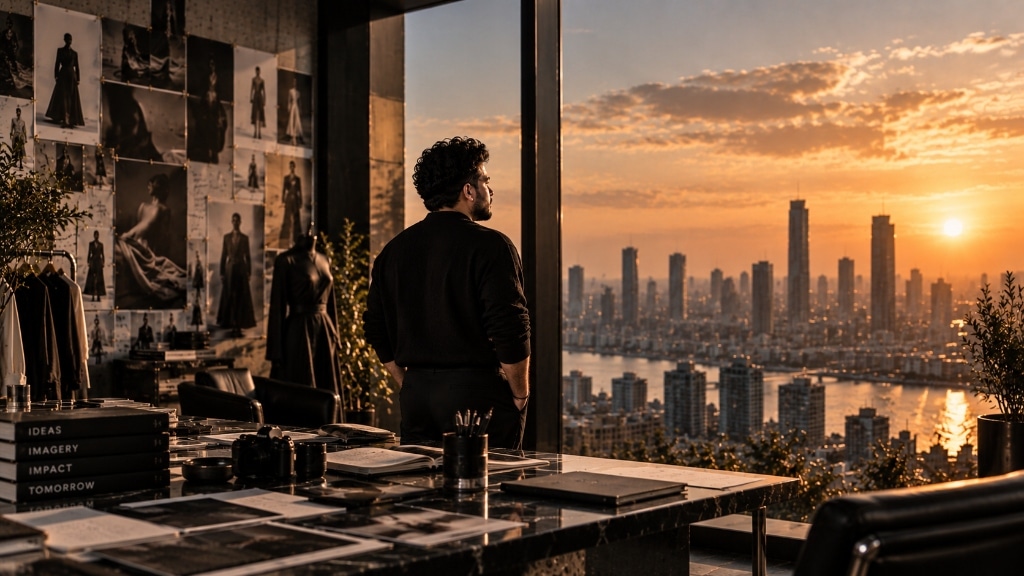 Mehmud Delowar looking out at the city skyline at sunset from the studio atelier