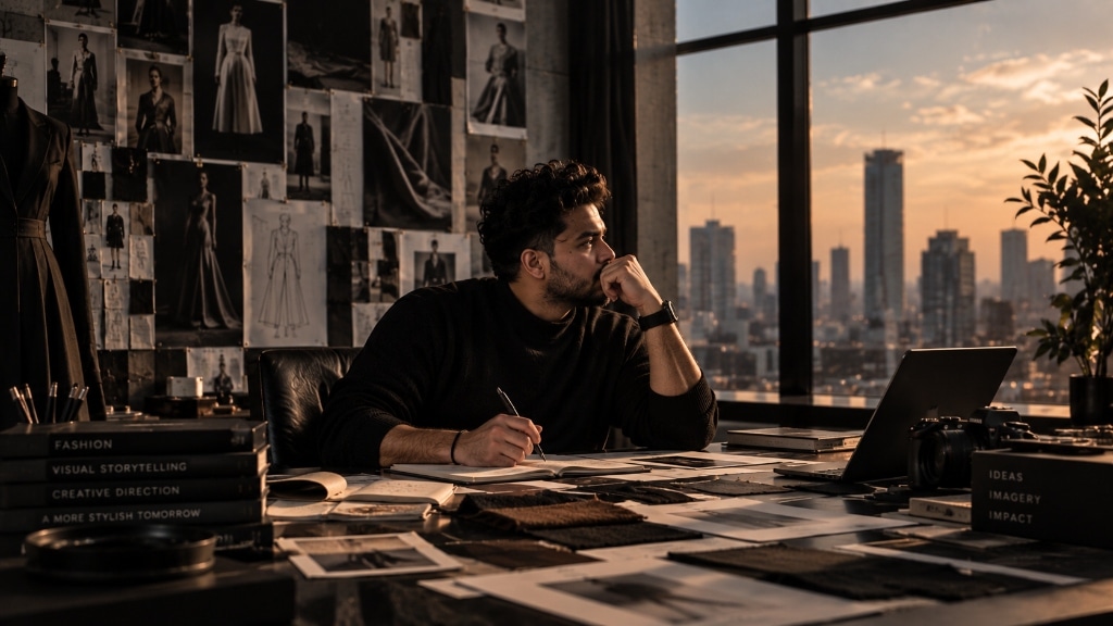 Mehmud Delowar developing creative concepts and fashion moodboards in studio atelier
